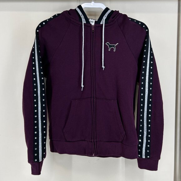 V.S.PINK Maroon Embroidered embellished zip up hoodie sweatshirt dog emblem Sz M - Picture 8 of 13